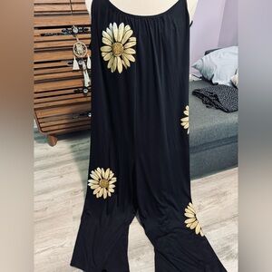 CUTE Black Jumpsuit with Yellow Sunflower Print w/ POCKETS